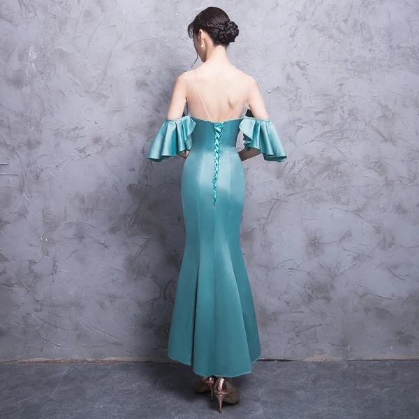 Modern / Fashion Jade Green See-through Evening Dresses 2018 Trumpet / Mermaid Scoop Neck Strapless 3/4 Sleeve Asymmetrical Ruffle Backless Formal Dresses