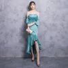 Modern / Fashion Jade Green See-through Evening Dresses  2018 Trumpet / Mermaid Scoop Neck Strapless 3/4 Sleeve Asymmetrical Ruffle Backless Formal Dresses