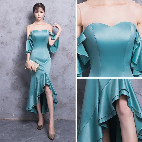 Modern / Fashion Jade Green See-through Evening Dresses 2018 Trumpet / Mermaid Scoop Neck Strapless 3/4 Sleeve Asymmetrical Ruffle Backless Formal Dresses