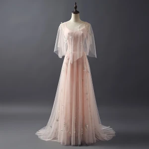 Élégant Perle Rose Robe De Soirée Avec Châle 2018 Princesse Encolure Dégagée Sans Manches Appliques En Dentelle Perle Train De Balayage Volants Dos Nu Robe De Ceremonie