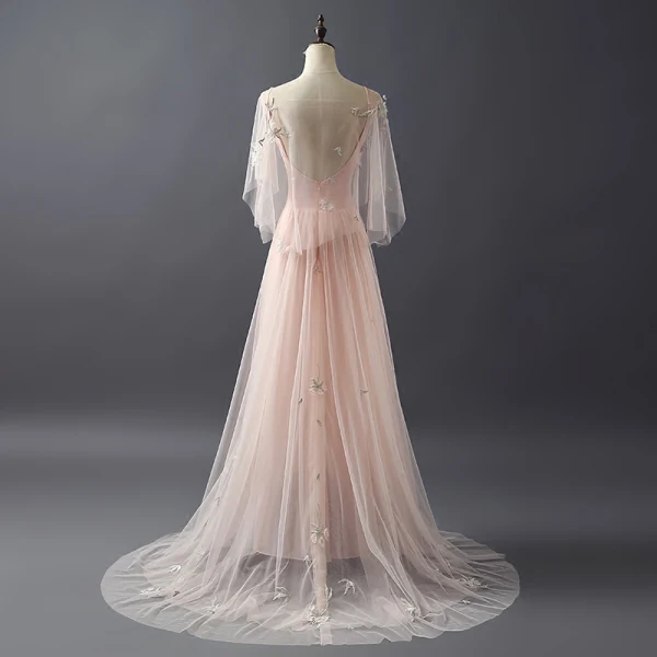 Elegant Pearl Pink Evening Dresses With Shawl 2018 A-Line / Princess Scoop Neck Sleeveless Appliques Lace Pearl Sweep Train Ruffle Backless Formal Dresses