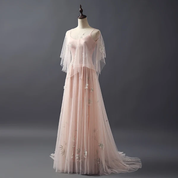 Elegant Pearl Pink Evening Dresses With Shawl 2018 A-Line / Princess Scoop Neck Sleeveless Appliques Lace Pearl Sweep Train Ruffle Backless Formal Dresses