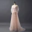 Elegant Pearl Pink Evening Dresses  With Shawl 2018 A-Line / Princess Scoop Neck Sleeveless Appliques Lace Pearl Sweep Train Ruffle Backless Formal Dresses