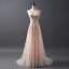 Elegant Pearl Pink Evening Dresses  With Shawl 2018 A-Line / Princess Scoop Neck Sleeveless Appliques Lace Pearl Sweep Train Ruffle Backless Formal Dresses