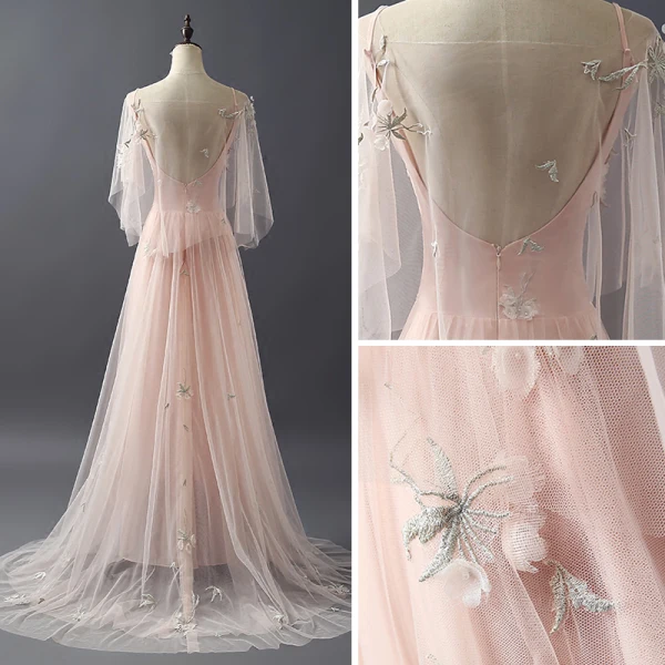 Elegant Pearl Pink Evening Dresses With Shawl 2018 A-Line / Princess Scoop Neck Sleeveless Appliques Lace Pearl Sweep Train Ruffle Backless Formal Dresses