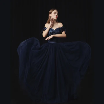 Modern Fashion Navy Blue Prom Dresses 2018 A Line Princess Off The Shoulder Short Sleeve Sweep Train Ruffle Backless Formal Dresses