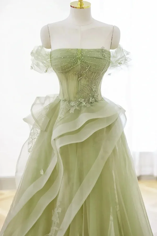 Stunning Sage Green Beading Lace Flower Prom Dresses 2024 A-Line / Princess Off-The-Shoulder Short Sleeve Backless Floor-Length / Long Prom Formal Dresses