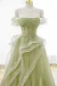 Stunning Sage Green Beading Lace Flower Prom Dresses 2024 A-Line / Princess Off-The-Shoulder Short Sleeve Backless Floor-Length / Long Prom Formal Dresses