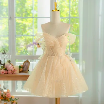Charming Champagne Short Birthday Party Dresses 2024 Off The Shoulder Short Sleeve Backless Formal Dresses