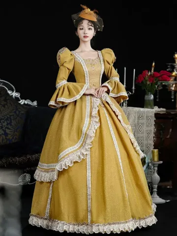 Vintage Originale Médiévale Bling Bling Jaune Robe De Bal Robe De Bal 2024 Dentelle 3d Longue U Cou Manches Longues Robe Boule Cosplay Promo Robe De Ceremonie