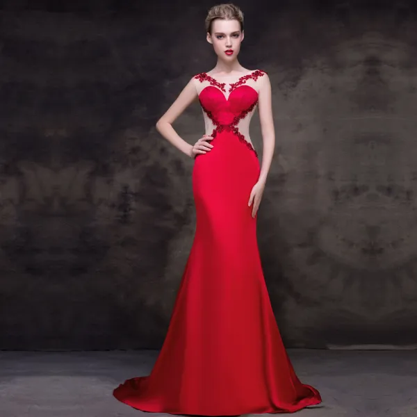 Modern / Fashion Red See-through Evening Dresses  2018 Trumpet / Mermaid Square Neckline Sleeveless Heart-shaped Appliques Lace Rhinestone Sweep Train Formal Dresses
