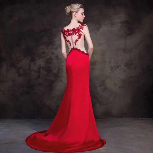 Modern / Fashion Red See-through Evening Dresses 2018 Trumpet / Mermaid Square Neckline Sleeveless Heart-shaped Appliques Lace Rhinestone Sweep Train Formal Dresses