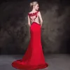 Modern / Fashion Red See-through Evening Dresses  2018 Trumpet / Mermaid Square Neckline Sleeveless Heart-shaped Appliques Lace Rhinestone Sweep Train Formal Dresses