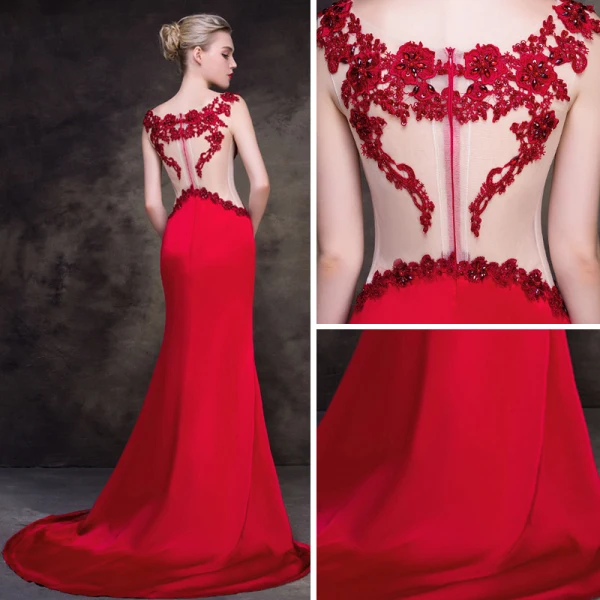 Modern / Fashion Red See-through Evening Dresses 2018 Trumpet / Mermaid Square Neckline Sleeveless Heart-shaped Appliques Lace Rhinestone Sweep Train Formal Dresses