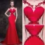 Modern / Fashion Red See-through Evening Dresses  2018 Trumpet / Mermaid Square Neckline Sleeveless Heart-shaped Appliques Lace Rhinestone Sweep Train Formal Dresses