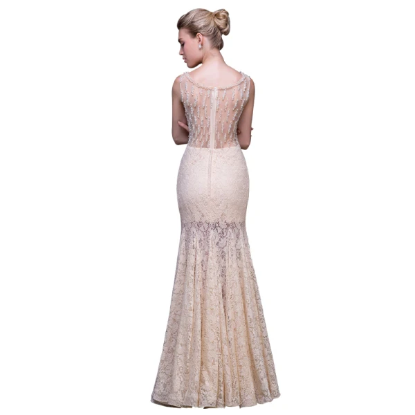 Sexy Champagne See-through Evening Dresses  2018 Trumpet / Mermaid Scoop Neck Sleeveless Beading Pearl Floor-Length / Long Formal Dresses
