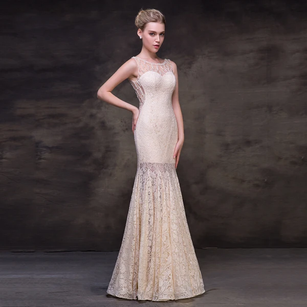 Sexy Champagne See-through Evening Dresses  2018 Trumpet / Mermaid Scoop Neck Sleeveless Beading Pearl Floor-Length / Long Formal Dresses