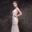 Sexy Champagne See-through Evening Dresses  2018 Trumpet / Mermaid Scoop Neck Sleeveless Beading Pearl Floor-Length / Long Formal Dresses