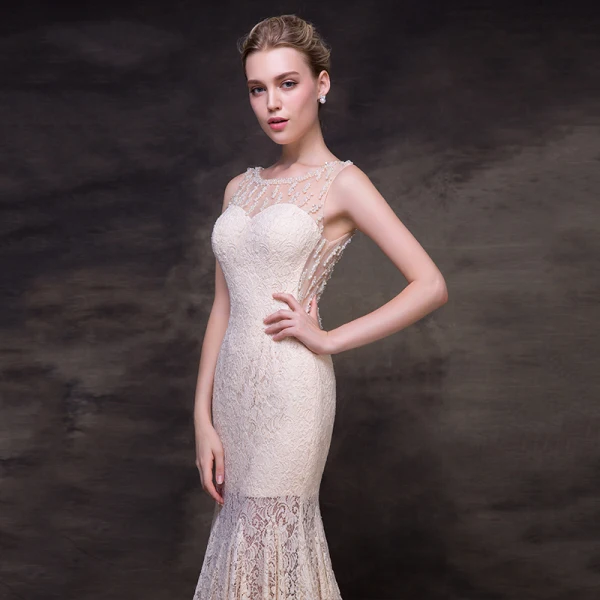 Sexy Champagne See-through Evening Dresses  2018 Trumpet / Mermaid Scoop Neck Sleeveless Beading Pearl Floor-Length / Long Formal Dresses