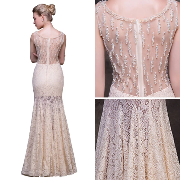 Sexy Champagne See-through Evening Dresses  2018 Trumpet / Mermaid Scoop Neck Sleeveless Beading Pearl Floor-Length / Long Formal Dresses