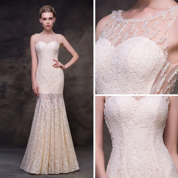 Sexy Champagne See-through Evening Dresses  2018 Trumpet / Mermaid Scoop Neck Sleeveless Beading Pearl Floor-Length / Long Formal Dresses