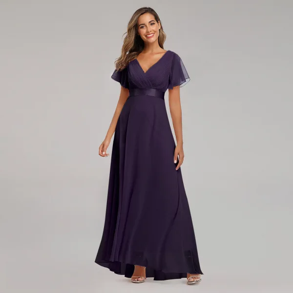 Modest / Simple Black Bridesmaid Dresses 2023 A-Line / Princess V-Neck Short Sleeve Backless Sash Floor-Length / Long Bridesmaid Dresses