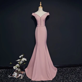 Simple Rougissant Rose Robe De Soirée 2018 Trompette Sirène V Cou Manches Courtes Perlage Cristal Ceinture Train De Balayage Dos Nu Robe De Ceremonie