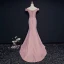 Simple Rougissant Rose Robe De Soirée 2018 Trompette / Sirène V-Cou Manches Courtes Perlage Cristal Ceinture Train De Balayage Dos Nu Robe De Ceremonie