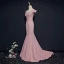 Simple Rougissant Rose Robe De Soirée 2018 Trompette / Sirène V-Cou Manches Courtes Perlage Cristal Ceinture Train De Balayage Dos Nu Robe De Ceremonie
