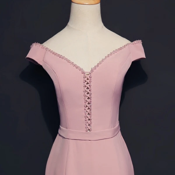 Simple Rougissant Rose Robe De Soirée 2018 Trompette / Sirène V-Cou Manches Courtes Perlage Cristal Ceinture Train De Balayage Dos Nu Robe De Ceremonie