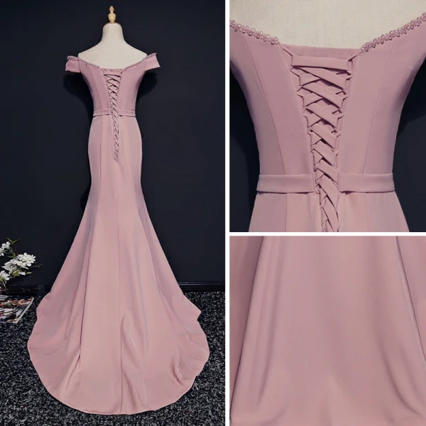 Simple Rougissant Rose Robe De Soirée 2018 Trompette / Sirène V-Cou Manches Courtes Perlage Cristal Ceinture Train De Balayage Dos Nu Robe De Ceremonie