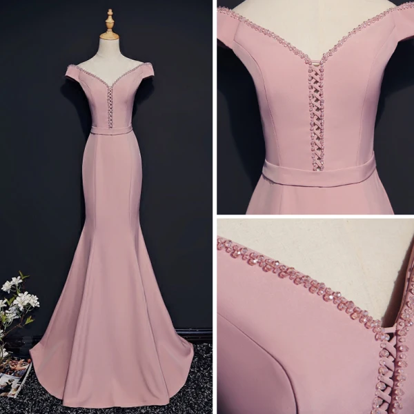 Simple Rougissant Rose Robe De Soirée 2018 Trompette / Sirène V-Cou Manches Courtes Perlage Cristal Ceinture Train De Balayage Dos Nu Robe De Ceremonie
