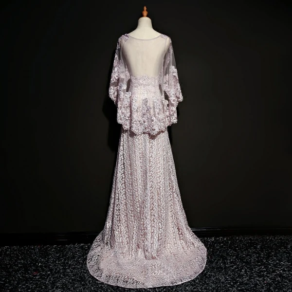 Modern / Fashion Lavender See-through Evening Dresses With Shawl 2018 A-Line / Princess Scoop Neck Sleeveless Appliques Lace Pearl Rhinestone Sweep Train Formal Dresses