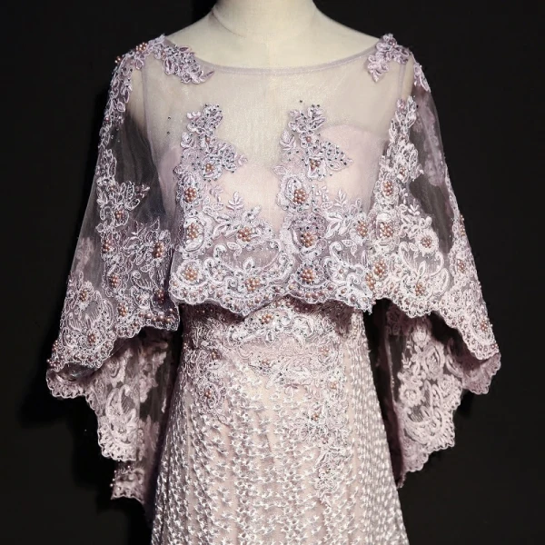Modern / Fashion Lavender See-through Evening Dresses With Shawl 2018 A-Line / Princess Scoop Neck Sleeveless Appliques Lace Pearl Rhinestone Sweep Train Formal Dresses