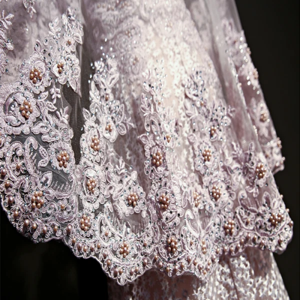 Modern / Fashion Lavender See-through Evening Dresses With Shawl 2018 A-Line / Princess Scoop Neck Sleeveless Appliques Lace Pearl Rhinestone Sweep Train Formal Dresses