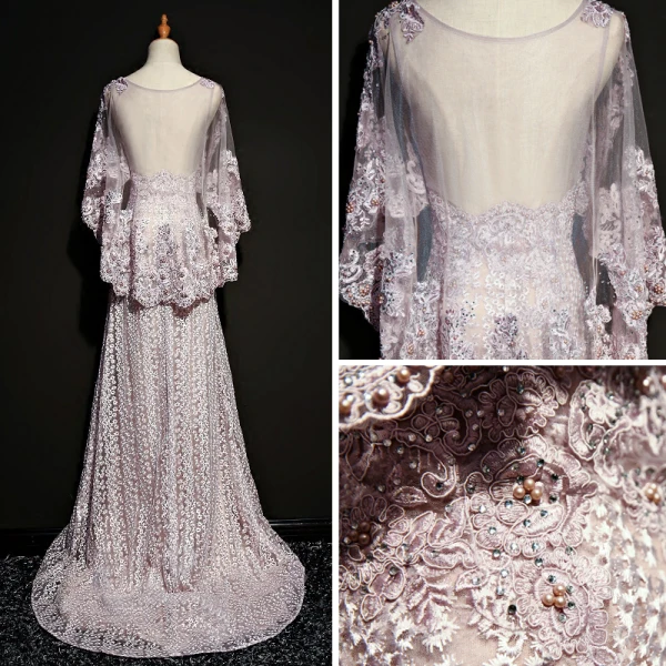 Modern / Fashion Lavender See-through Evening Dresses With Shawl 2018 A-Line / Princess Scoop Neck Sleeveless Appliques Lace Pearl Rhinestone Sweep Train Formal Dresses