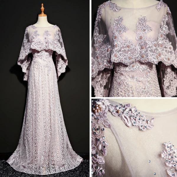 Modern / Fashion Lavender See-through Evening Dresses With Shawl 2018 A-Line / Princess Scoop Neck Sleeveless Appliques Lace Pearl Rhinestone Sweep Train Formal Dresses