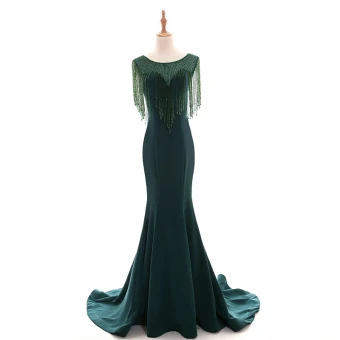 Modern Fashion Dark Green See Through Evening Dresses 2018 Trumpet Mermaid Scoop Neck Sleeveless Beading Crystal Tassel Court Train Ruffle Formal Dresses