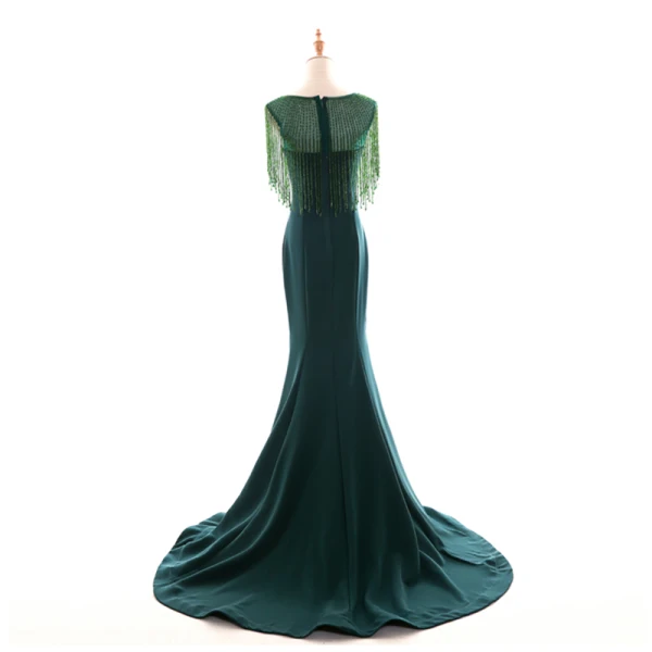 Modern / Fashion Dark Green See-through Evening Dresses 2018 Trumpet / Mermaid Scoop Neck Sleeveless Beading Crystal Tassel Court Train Ruffle Formal Dresses