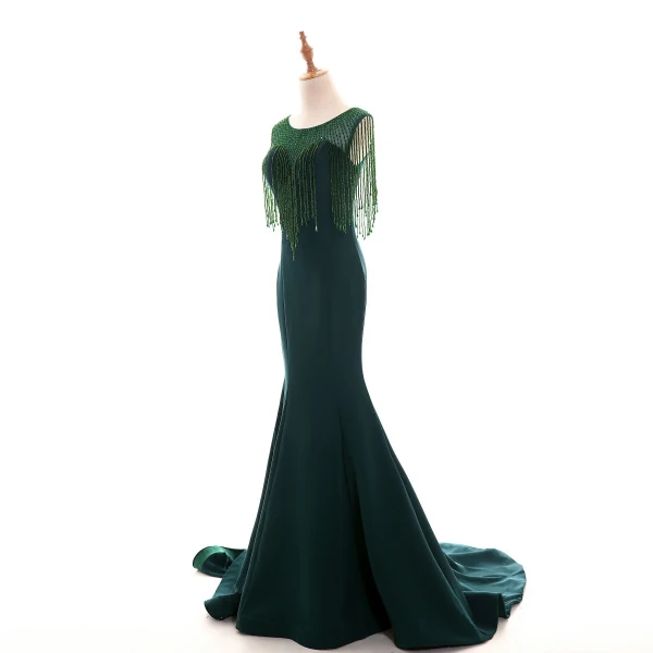 Modern / Fashion Dark Green See-through Evening Dresses 2018 Trumpet / Mermaid Scoop Neck Sleeveless Beading Crystal Tassel Court Train Ruffle Formal Dresses