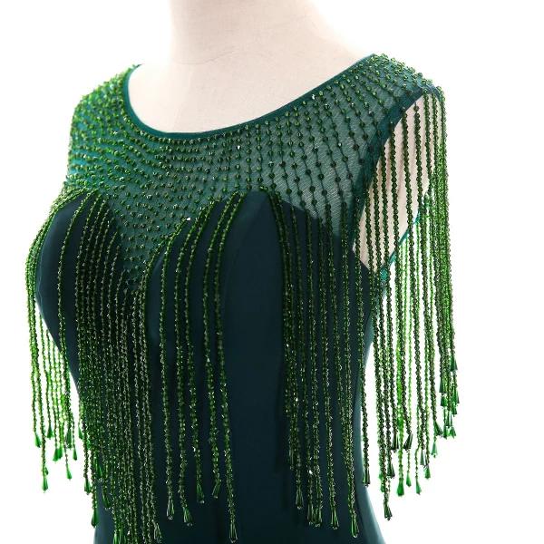Modern / Fashion Dark Green See-through Evening Dresses 2018 Trumpet / Mermaid Scoop Neck Sleeveless Beading Crystal Tassel Court Train Ruffle Formal Dresses
