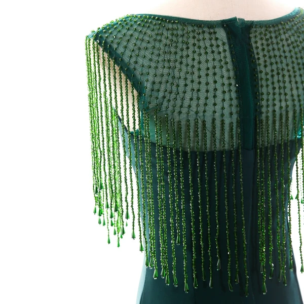 Modern / Fashion Dark Green See-through Evening Dresses 2018 Trumpet / Mermaid Scoop Neck Sleeveless Beading Crystal Tassel Court Train Ruffle Formal Dresses