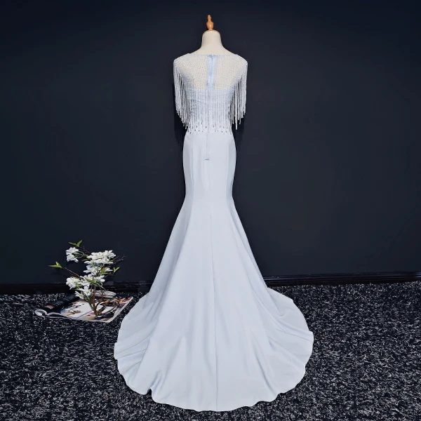 Modern / Fashion Dark Green See-through Evening Dresses 2018 Trumpet / Mermaid Scoop Neck Sleeveless Beading Crystal Tassel Court Train Ruffle Formal Dresses