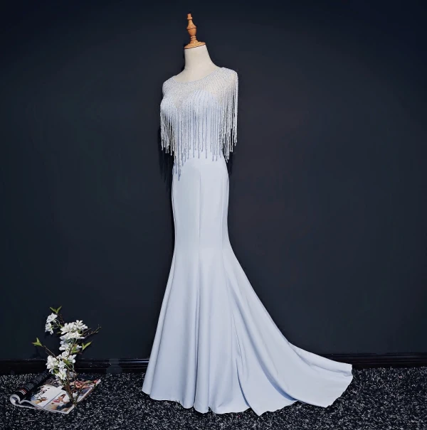 Modern / Fashion Dark Green See-through Evening Dresses 2018 Trumpet / Mermaid Scoop Neck Sleeveless Beading Crystal Tassel Court Train Ruffle Formal Dresses