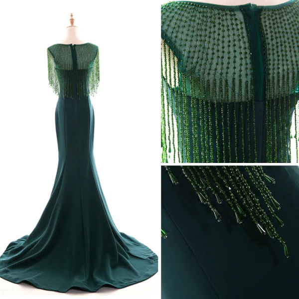 Modern / Fashion Dark Green See-through Evening Dresses 2018 Trumpet / Mermaid Scoop Neck Sleeveless Beading Crystal Tassel Court Train Ruffle Formal Dresses
