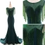 Modern / Fashion Dark Green See-through Evening Dresses  2018 Trumpet / Mermaid Scoop Neck Sleeveless Beading Crystal Tassel Court Train Ruffle Formal Dresses
