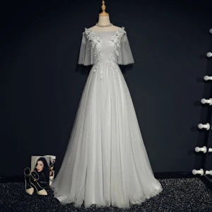 Chic Beautiful Grey Evening Dresses 2018 A Line Princess Square Neckline 1 2 Sleeves Appliques Lace Sweep Train Ruffle Backless Formal Dresses