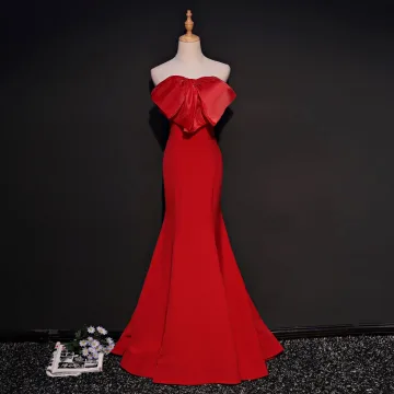 Simple Rouge Robe De Soirée 2018 Trompette Sirène Amoureux Sans Manches Noeud Tribunal Train Volants Dos Nu Robe De Ceremonie