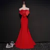 Modest / Simple Red Evening Dresses  2018 Trumpet / Mermaid Sweetheart Sleeveless Bow Court Train Ruffle Backless Formal Dresses