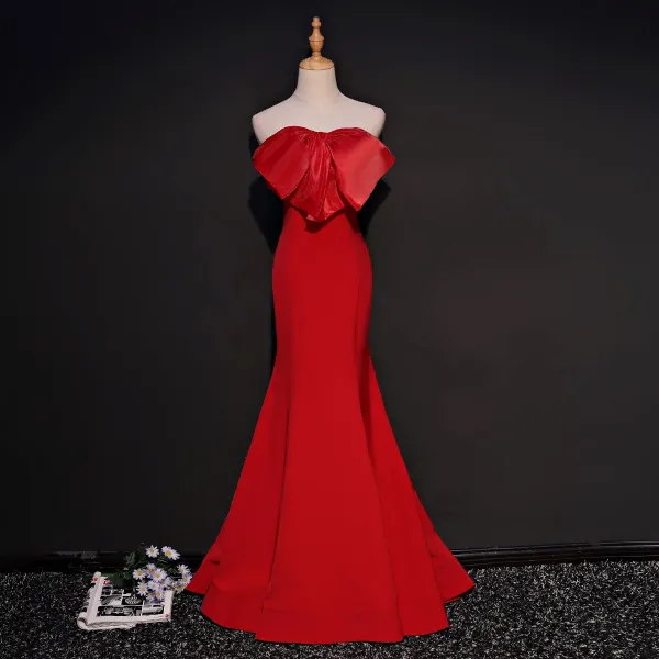Modest / Simple Red Evening Dresses  2018 Trumpet / Mermaid Sweetheart Sleeveless Bow Court Train Ruffle Backless Formal Dresses